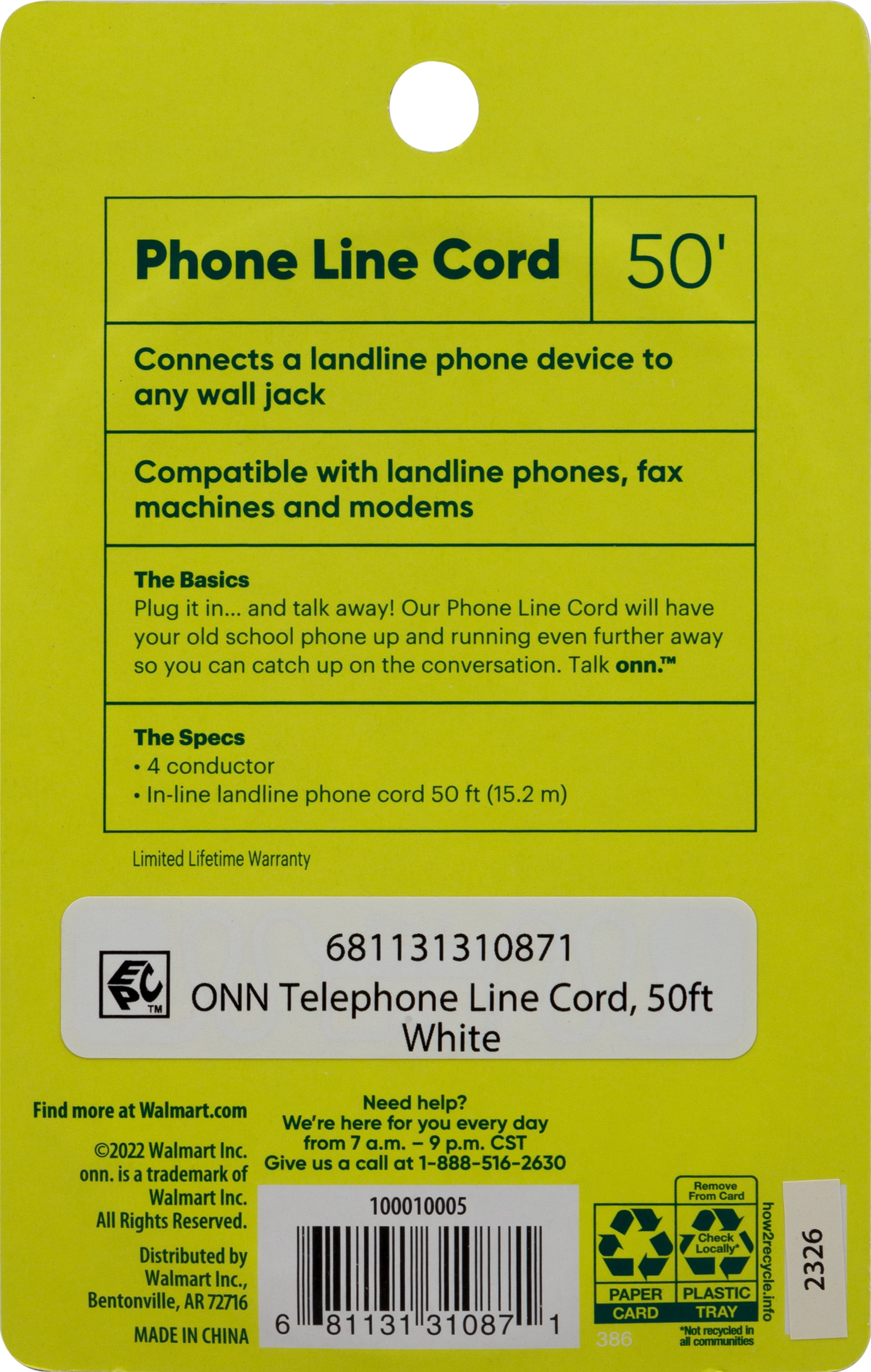 onn Phone Line Cord for a Landline Phone, 50'