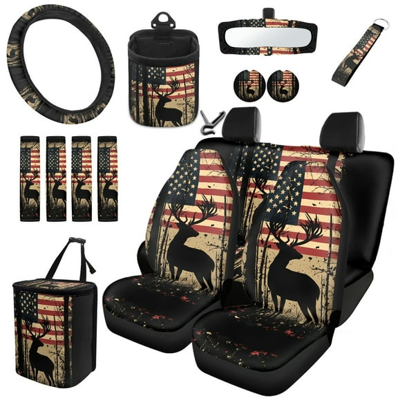 Garronmavis American Flag Deer 15 Pcs Car Accessories Set Auto Interior Decor Car Seat Covers Steering Wheel Cover Keychain Car Trash Can Car Dash Accessories Auto Rear View Mirror Covers Cup Mats