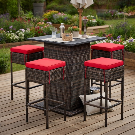 Topcobe 5 Pieces Patio Rattan Bar Table Stool Set Hidden Storage Shelf Cushioned, Outdoor Deck Furniture, Red