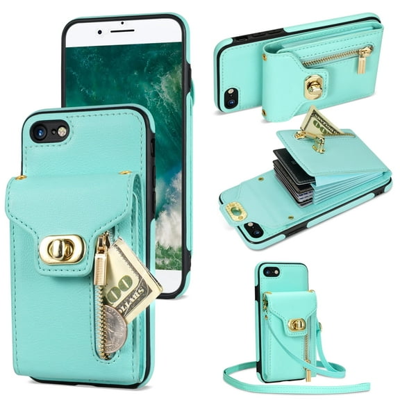 iPhone SE 2020 Case, iPhone SE 2022 Case Wallet, Multiple Cards Slots Zipper Cash Pocket Stand Lanyard Bumper Wallet Cases Cover for Apple iPhone SE 3rd 2nd Gen/ iPhone 7/8 -Mint