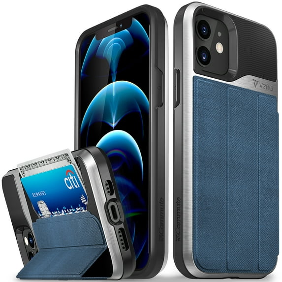 VENA vCommute Wallet Case Compatible with Apple iPhone 12 / iPhone 12 Pro (6.1"-inch), (Military Grade Drop Protection) Flip Leather Cover Card Slot Holder with Kickstand - Denim Blue