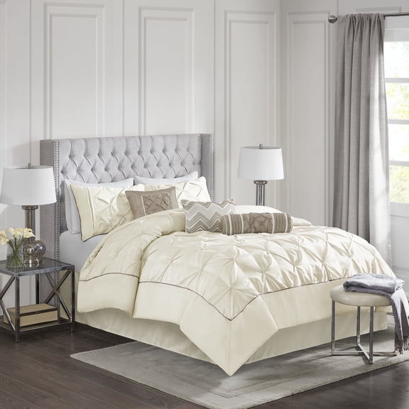 Madison Park Tufted Pintuck Bedding Queen Comforter Set, Ivory Comforter Sets Queen, 7-Pc