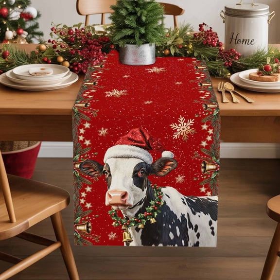 Christmas Farmhouse Cow Animals Table Runner 13x72in Non-Slip Cotton Linen Table Runners, Gold Snowflakes on Red Dresser Scarves TableRunner for Dinner Kitchen Dining Wedding Party