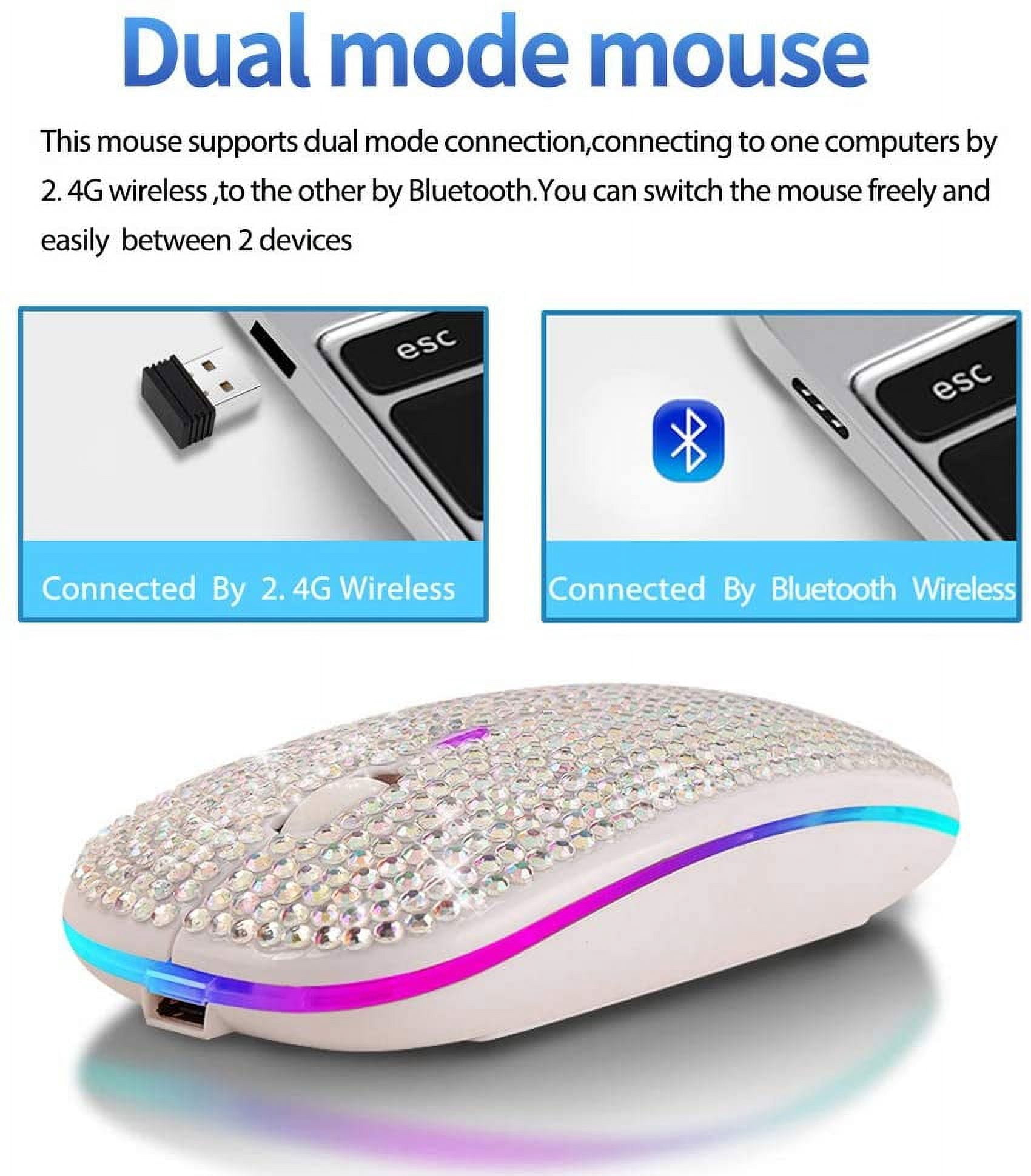 Bling Rhinestone Bluetooth Mouse, 2.4G Rechargeable Wireless Slim Mouse with USB Receiver, Sparkling Glitter Mouse for PC Laptop MacBook, Gift for Women