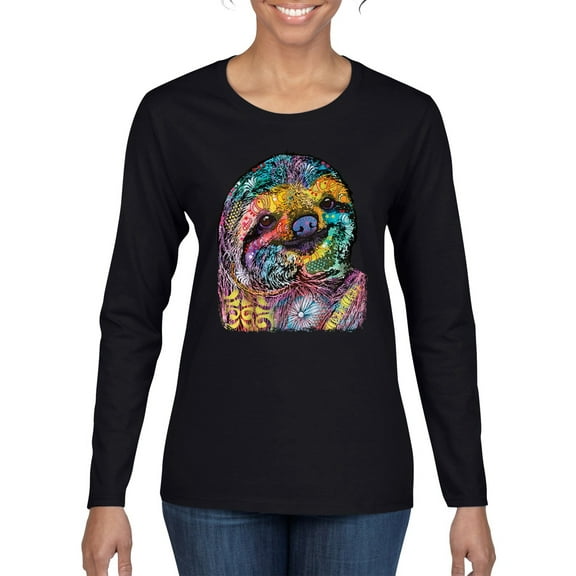 Funny Neon Sloth | Dean Russo Art Animal Lover Womens Long Sleeve T-Shirt, Black, XL