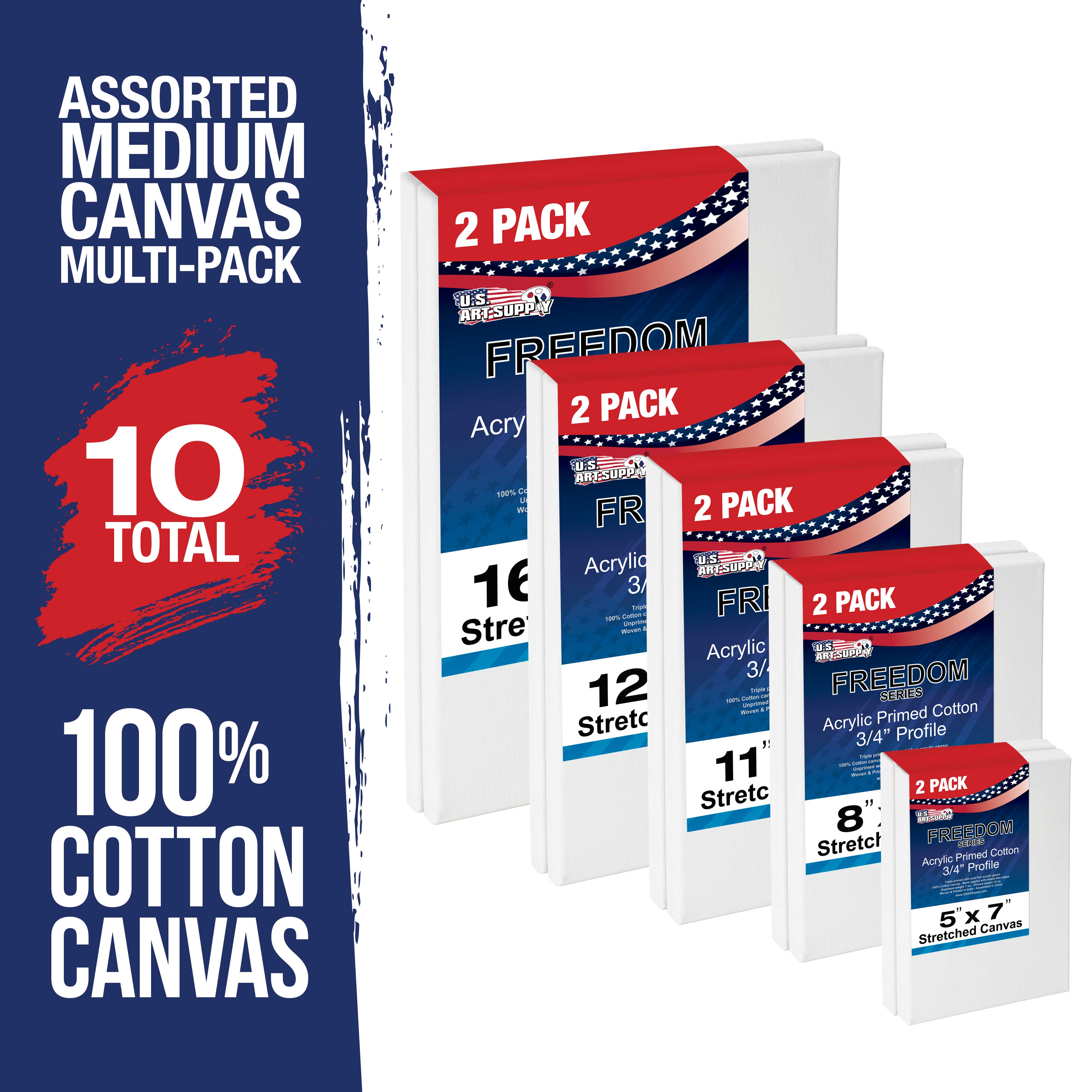 U.S. Art Supply Multi-pack 2-Ea of 5x7, 8x10, 11x14, 12x16, 16x20. Professional MEDIUM 12oz Primed Gesso Stretched Canvas