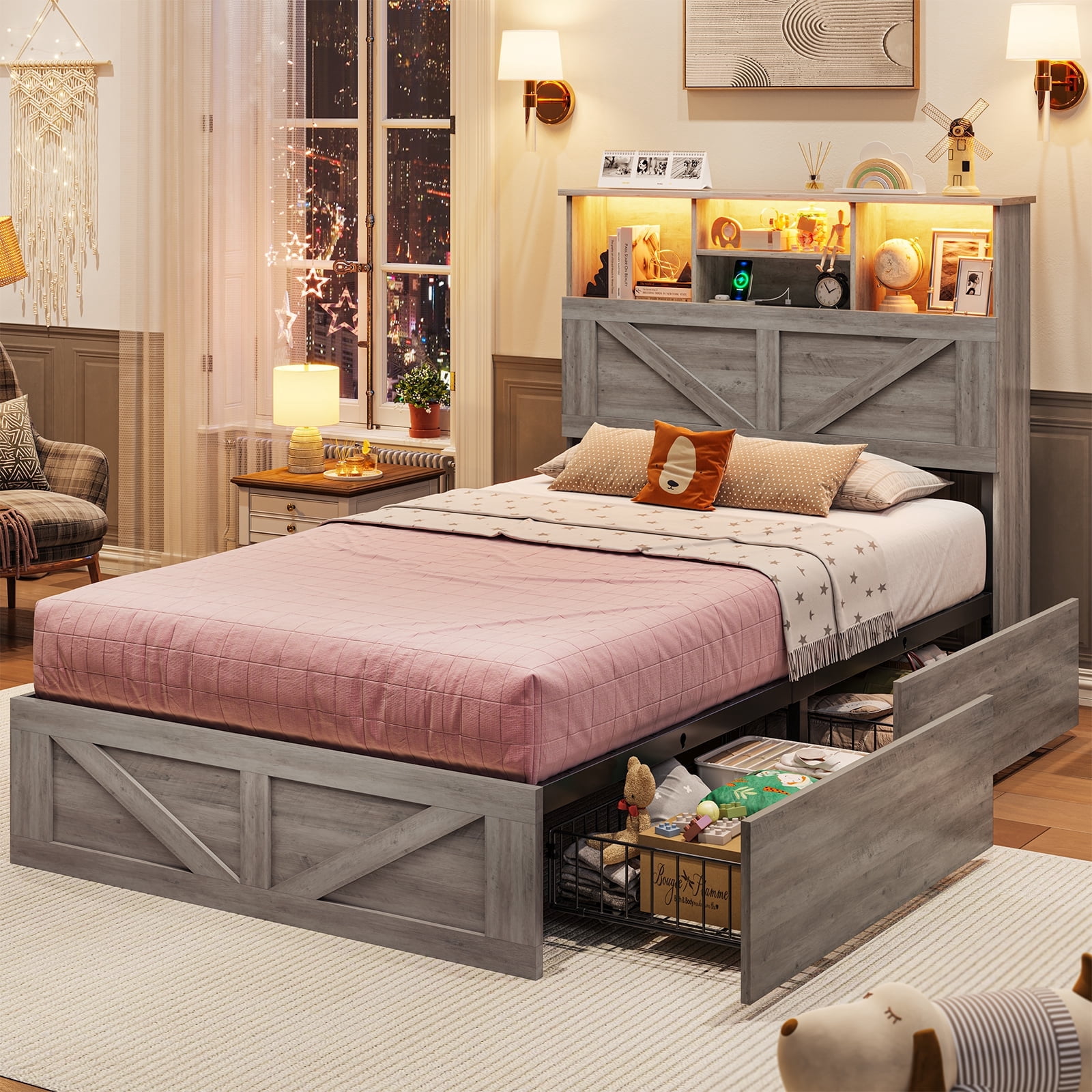 Twin Size Bed Frame, Farmhouse Wooden Platform Twin Bed with Storage Headboard Bookcase and 11'' Under-bed Storage Drawers Gray