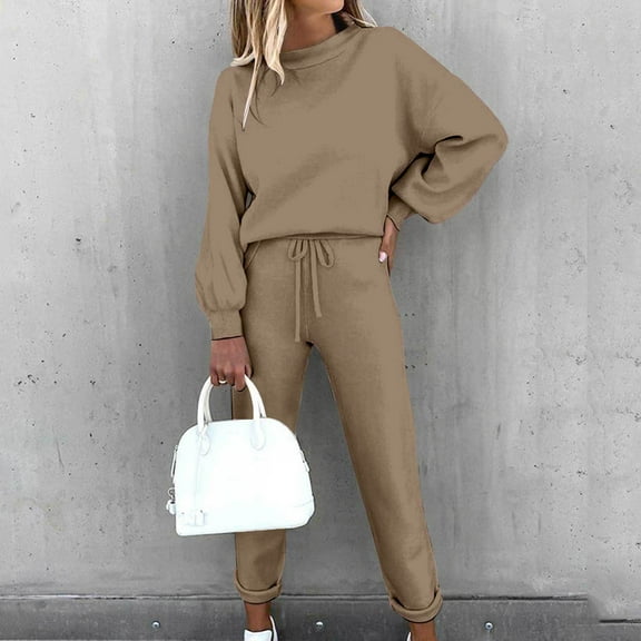 Womens 2 Piece Outfits Sweatsuit Sets Casual Solid Color Round Neck Long Sleeve Pullover Tops And Wide Leg Pants Lounge Set Brown L