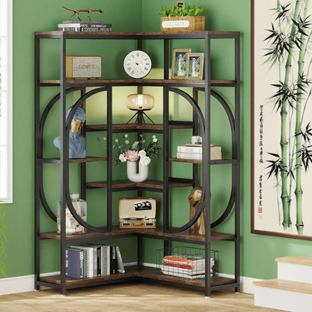 7-Tier Large Corner Bookcase - Metal & Wood 90°Right-Angle Design Ample Storage for Books/Decor Small Room-Friendly Easy Assembly