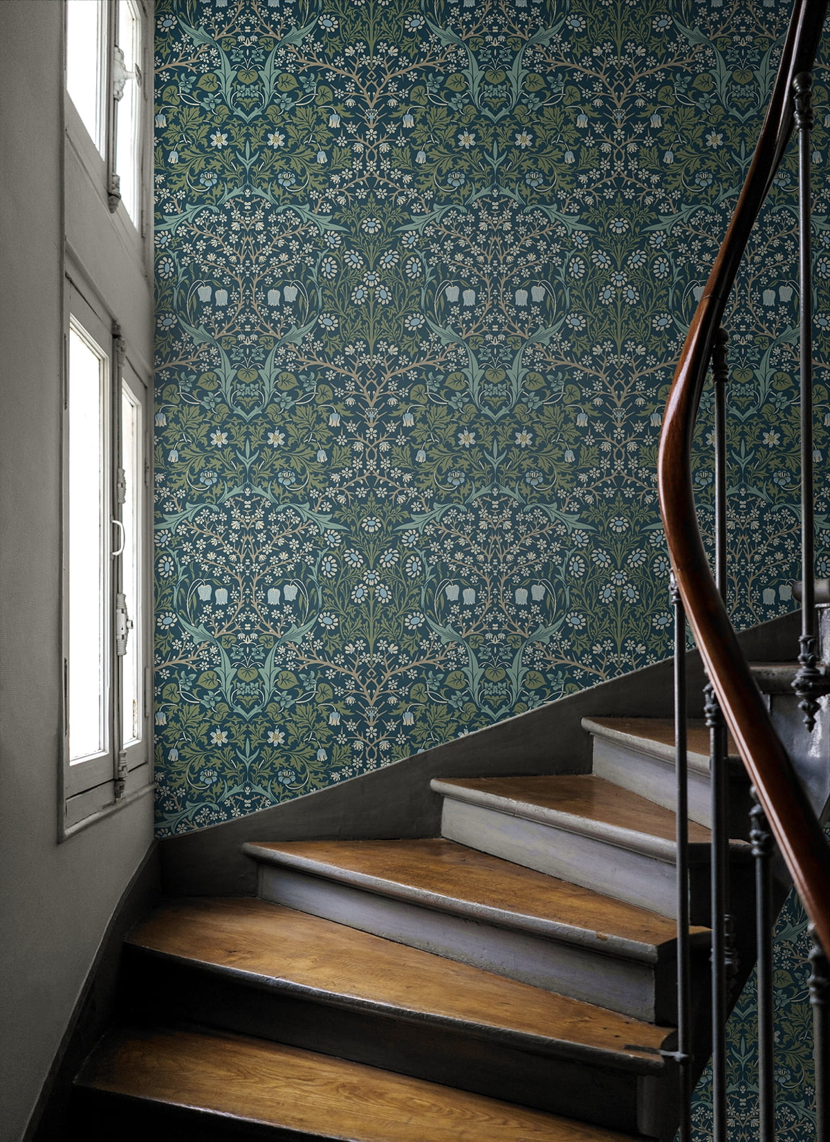 NextWall Prussian Blue & Moss Green Victorian Garden Peel and Stick Wallpaper