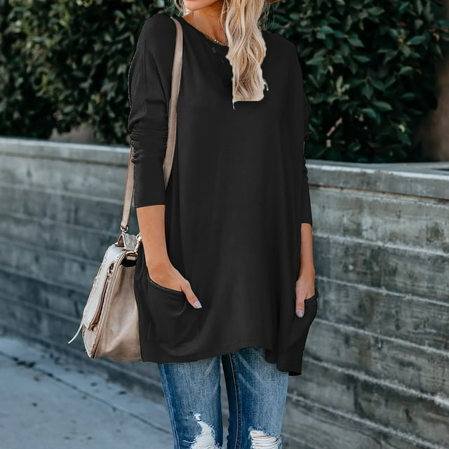 Simua Shirts Chemises pour Femmes avec Poche, Coupe Ample Décontractée, Sweat Confortables Mignons, Manches Longues, Col Rond, Pulls T-Shirts