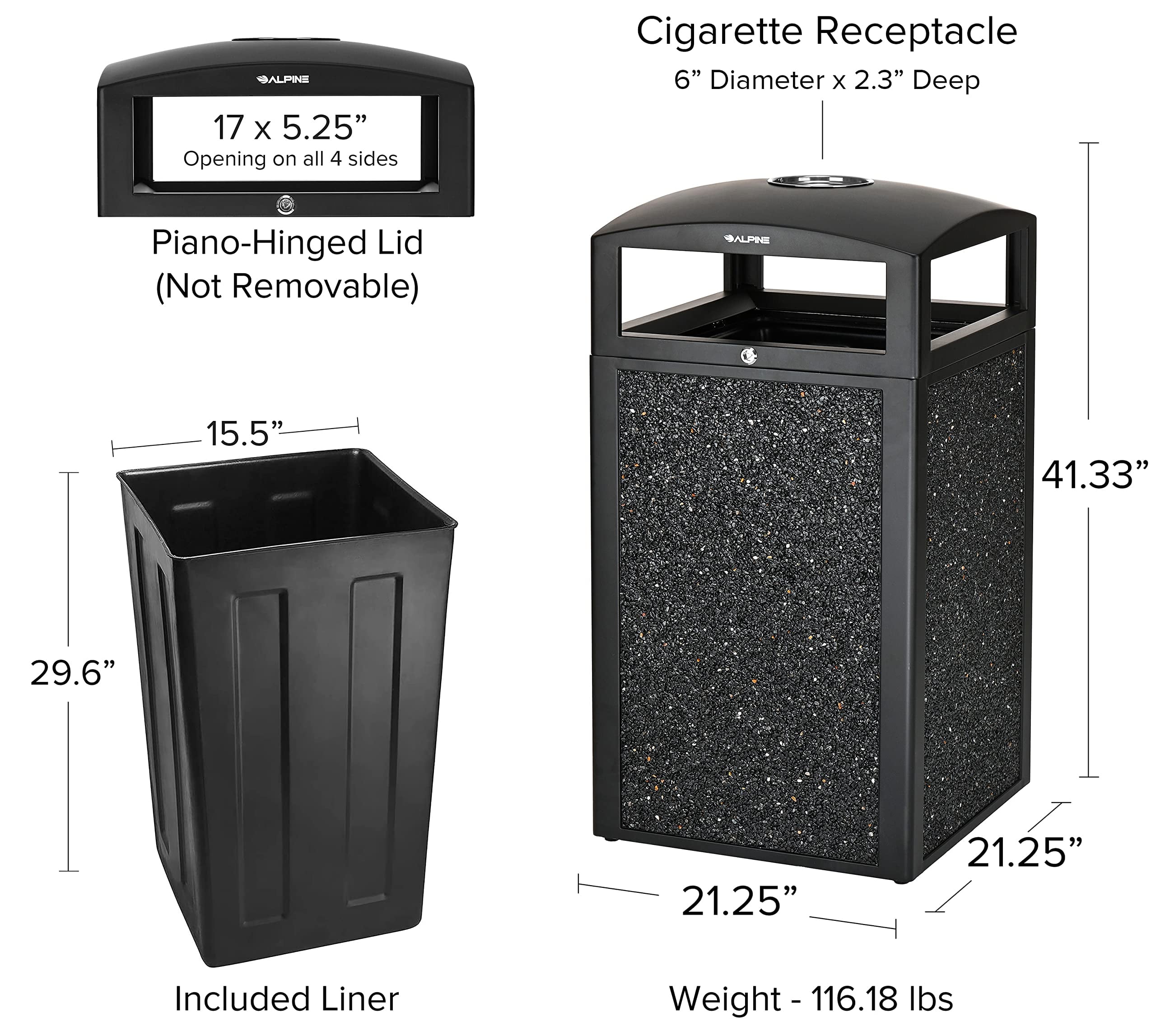 Alpine Outdoor Commercial Trash Can with Lid - 40 Gallon Heavy Duty Metal Garbage Can with Removable Bin, Locking Lid, Perfect for Patio, Pool, Deck, Mall Black, Grey Stone Panels (Tray)