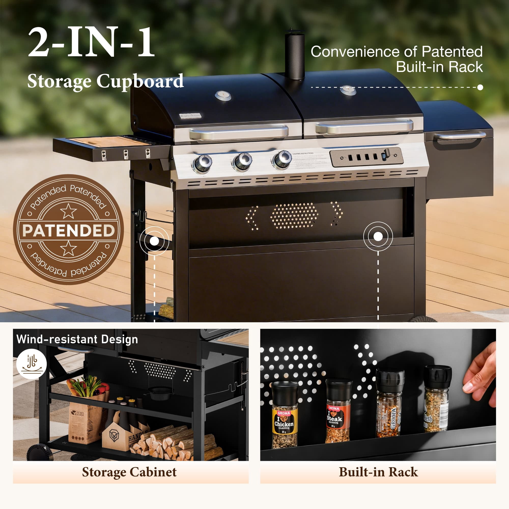 MF Studio 3-Burner Gas and Charcoal Combo Grill with Offset Smoker Large Dual Fuel BBQ Grill for Outdoor