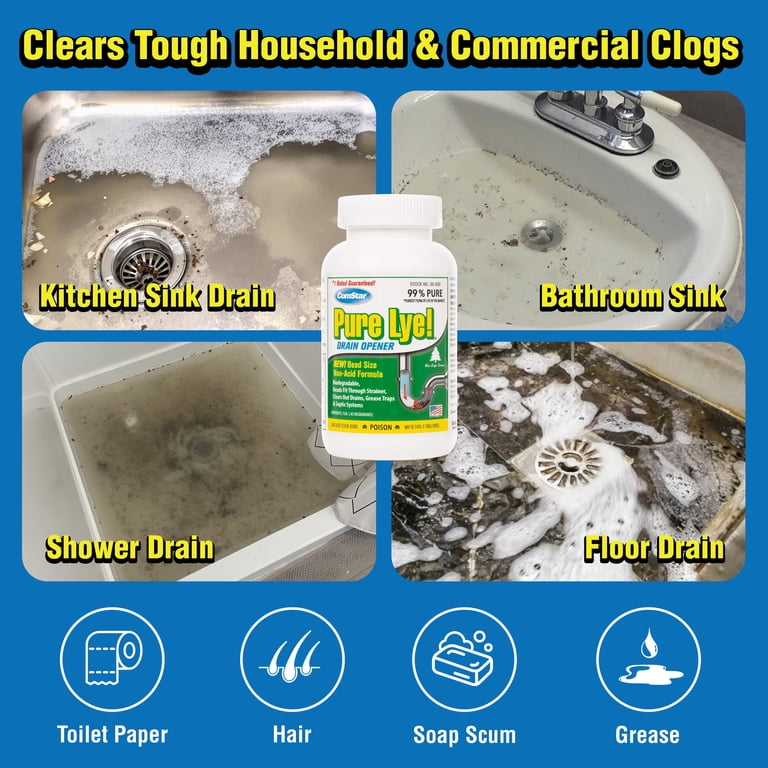 ComStar Pure Lye, 99% Sodium Hydroxide Beads, Biodegradable Drain
