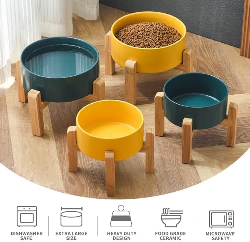 8'' Ceramic Raised Dog Bowl - 70Oz Dog Food & Water Bowl with Elevated Non-Slip Bamboo Stand, Dishwasher & Microwave Safe, Anti Vomiting Heavy Duty Pet Bowl for Medium and Large Dogs, Yellow
