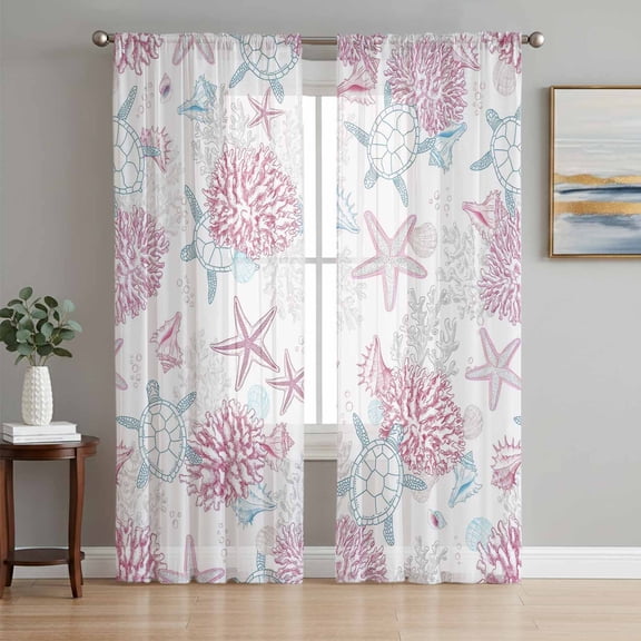 Pink Blue Coastal Sheer Curtains 108 Inch Length 2 Panels Set, Summer Beach Coral Sea Turtle Starfish Voile Window Treatment Semi Sheer Long Curtains Drapes for Bedroom/Living Room/Kitchen 52"x108"x2