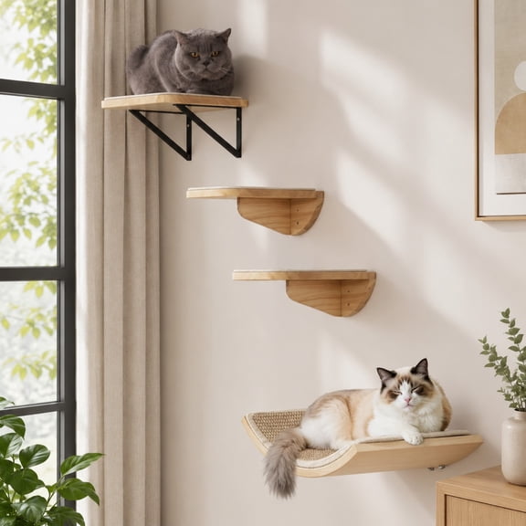 Peluomoz Cat Wall Shelves, Natural Wood Wall Mounted Set with 2 Steps and 2 Platforms