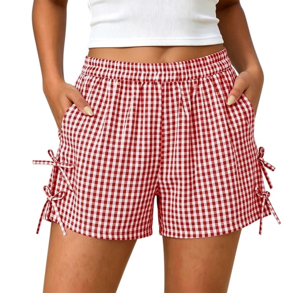 Shorts for Women,Women's Gingham Plaid Shorts Bow Tie Split Elastic Waist Y2k Wide Leg Shorts Summer Vacation Outfits Clothes