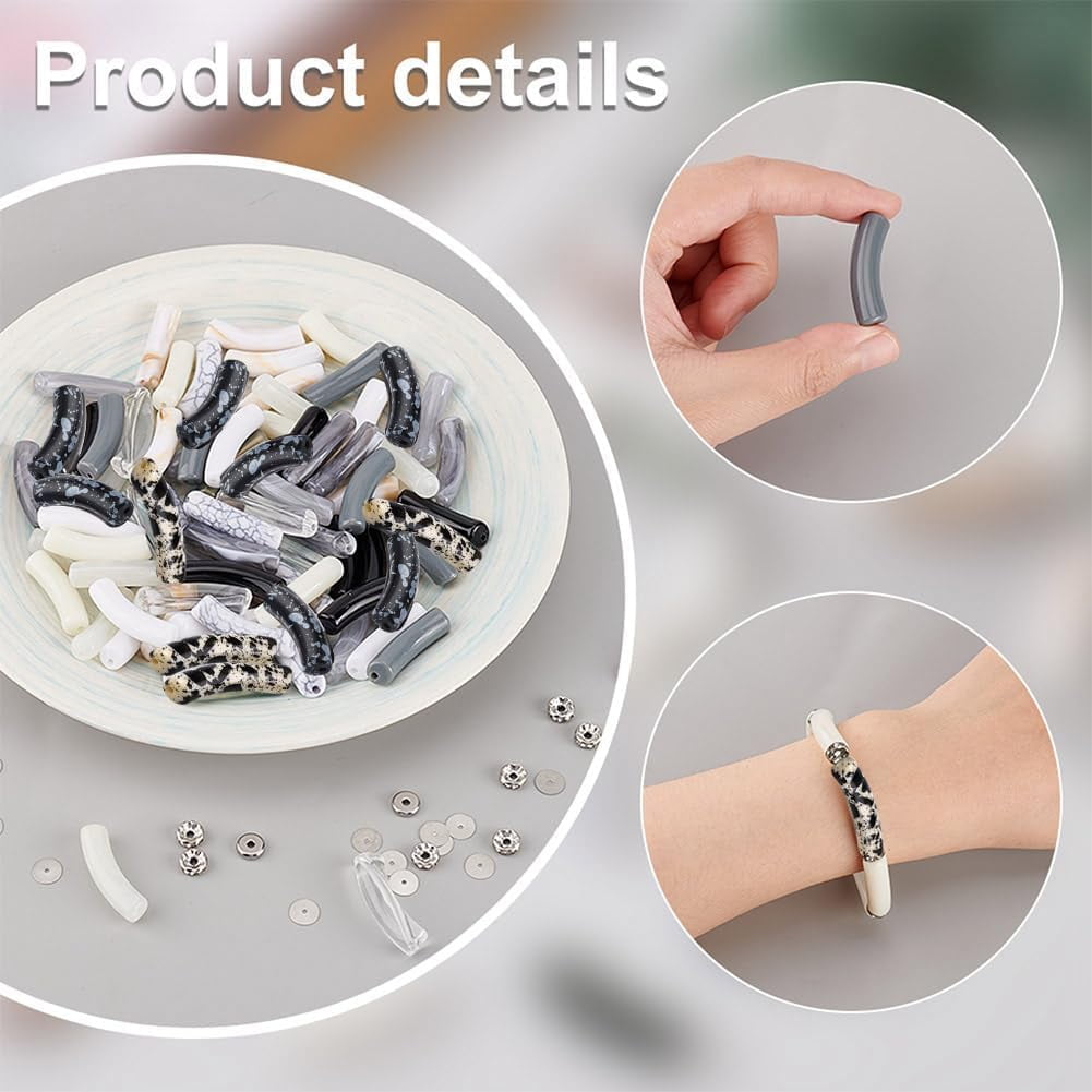 296pcs Acrylic Tube Beads for Bracelets Making Tube Bangles Bracelet Black White Curved Tube Beads Noodle Slide Beads with Spacer Beads for Necklace Bracelet Jewelry Making