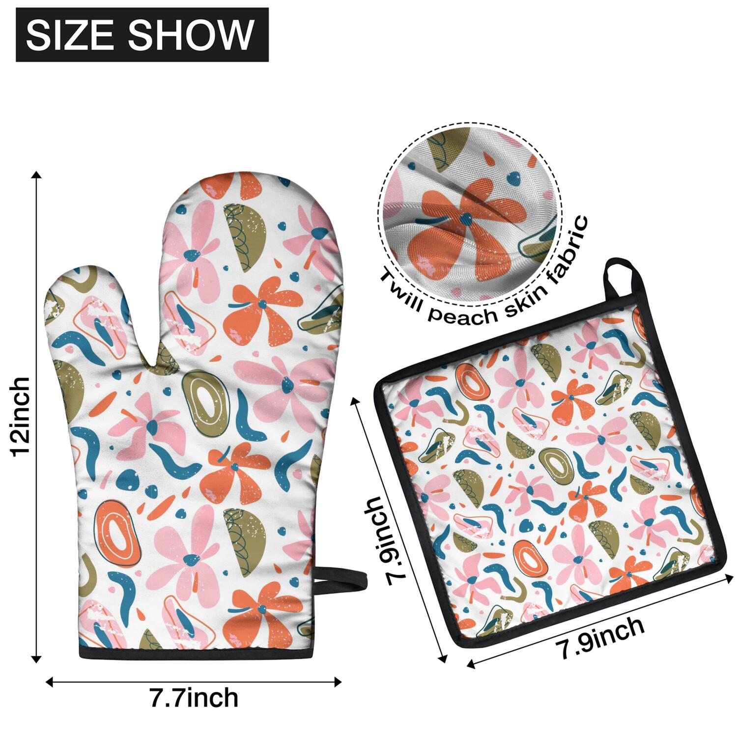 Floral Pattern Oven Mitts and Pot Holders Set Of 4, Heat Resistant Kitchen Gloves with Non-Slip Grip, Hanging Loop, Soft Cotton Lining for Baking, Cooking, Grilling, Barbecue