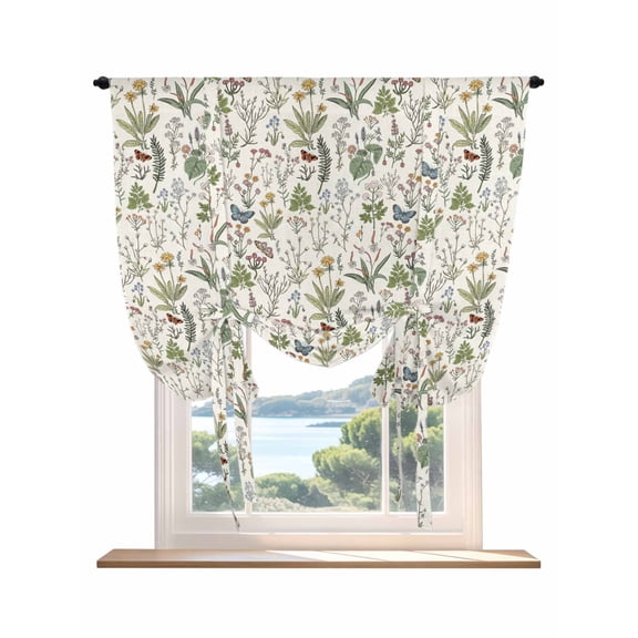 Botanical Tie Up Curtains for Windows 63 Inch Length Balloon Curtains Kitchen Adjustable Balloon Window Shade Vintage Floral Wildflower Country Leaf Plant Tie Up Bathroom Curtain Window 46"x63"