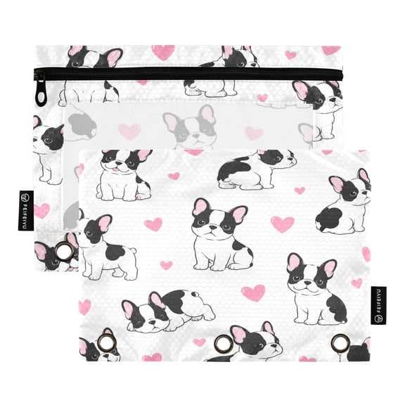 2 Pack 3 Ring Binder Pouch with Clear PVC Window Water Resistant Zipper Pencil Pouch French Bulldog Puppies Graphic Binder Pocket for Classroom Office Home Stationery Organization