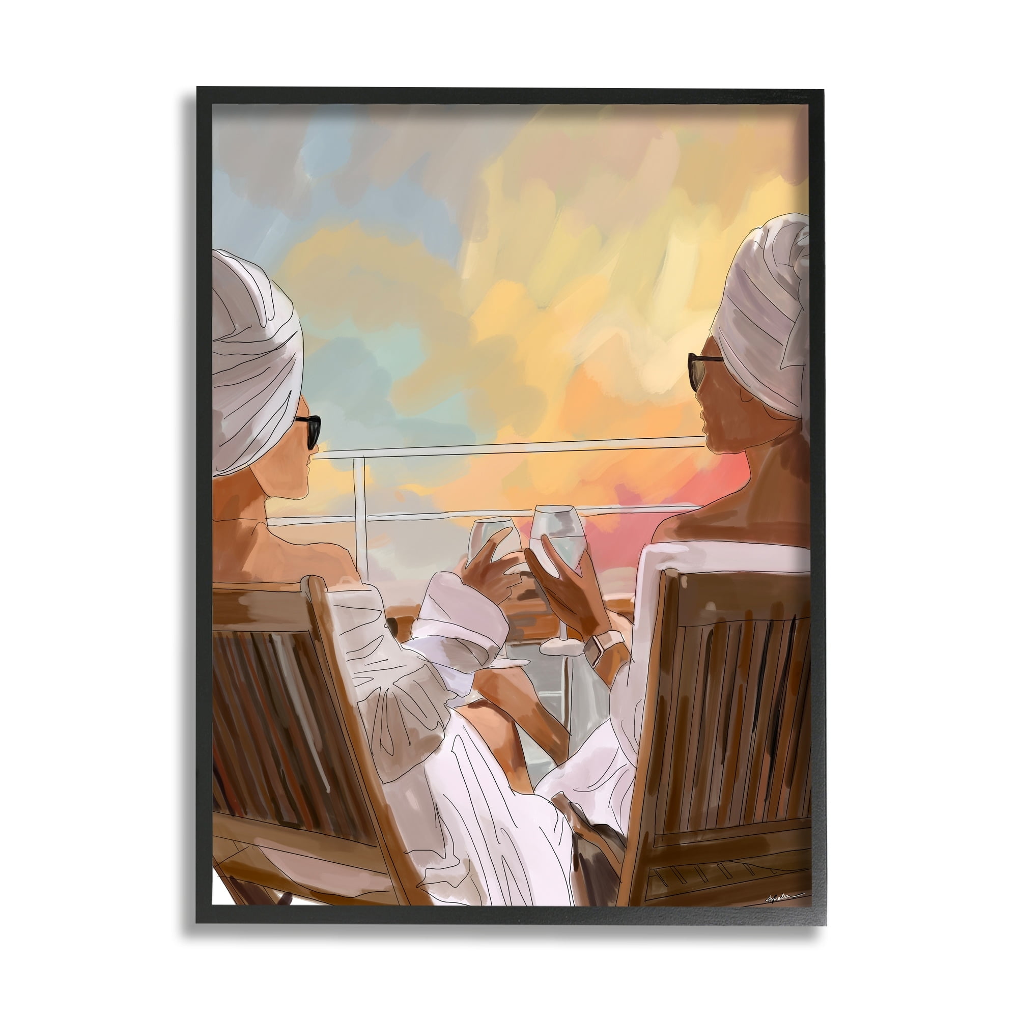 Stupell Industries Women Relaxing Sunset Cruise Coastal Painting Gray Framed Art Print Wall Art