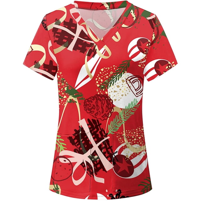Pompotops Blouse de Travail pour Femmes de Noël à Manches Courtes, Col en V, Imprimée, Chandail T-Shirt Haut