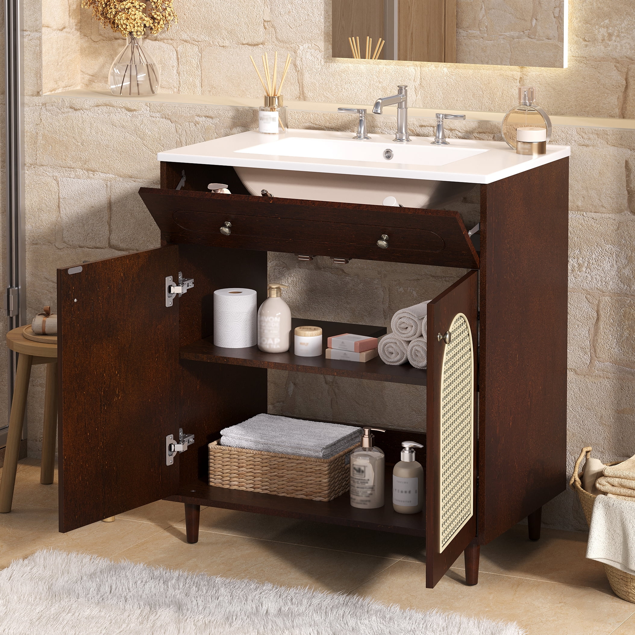 Harper & Bright Designs 30" Rattan Bathroom Vanity with Sink, Single Sink Bathroom Vanity with Tip-Out Drawe and Adjustable Shelf, Freestanding Bathroom Storage Cabinet with Ceramic Basin, Walnut