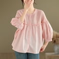 thumbnail image 2 of mihongmao Corset Tops for Women Lantern Sleeve Patchwork Knitted Doll Shirt Sweet Wood Ear Loose Linen Women's Shirt,Womens Tops Clearance under $5 Pink M, 2 of 9
