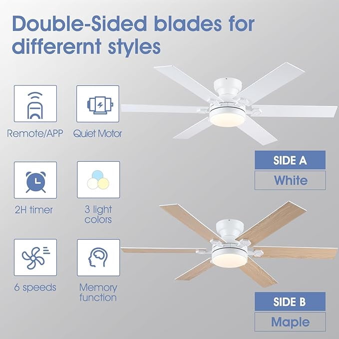 YIOSI 52" White Ceiling Fan with LED Lights, Remote/App Control, Quiet DC Motor, Energy Efficient