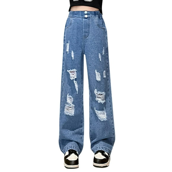MIASHUI Girls Jeans Loose Distressed Denim Pants High Waisted Straight Leg Trousers,Blue,160