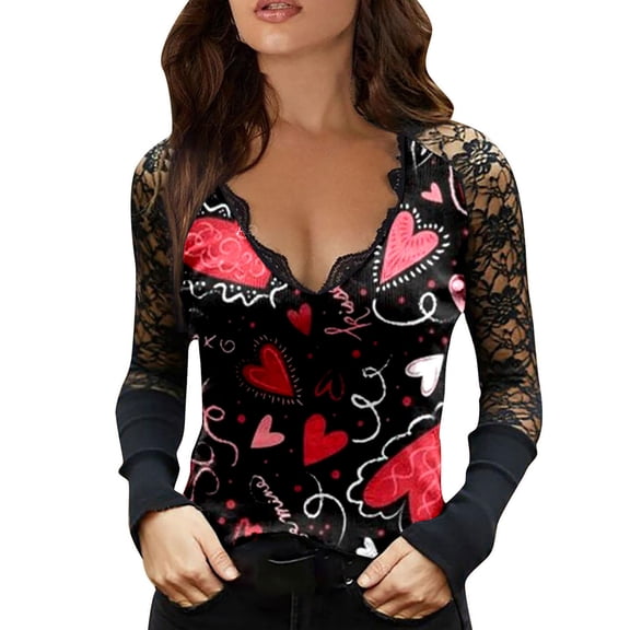 Womens Valentines T Shirt Love Heart Tops Shirt Lace Casual Sexy V-neck Sling Long Sleeve Lace Elegant Gift for Her