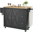 thumbnail image 1 of KFFKFF Mobile Kitchen Cart, 56" Wooden Surface, Storage Cabinet Included, Movable Table with Foldable Leaf, Seasoning Holder, Towel Hanger, Modifiable Shelf, Drawer, and Hooks, Black, 1 of 9