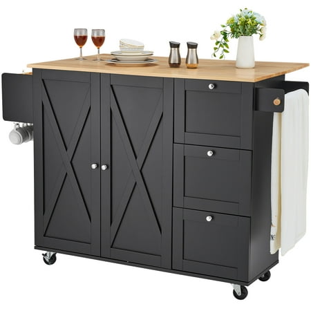 KFFKFF Mobile Kitchen Island 56 Wooden Top Cart with Cabinet Storage Features Extendable Drop Leaf Spice Holder Towel Handle Flexible Shelf Drawer & Hooks Movable Black Island on Casters