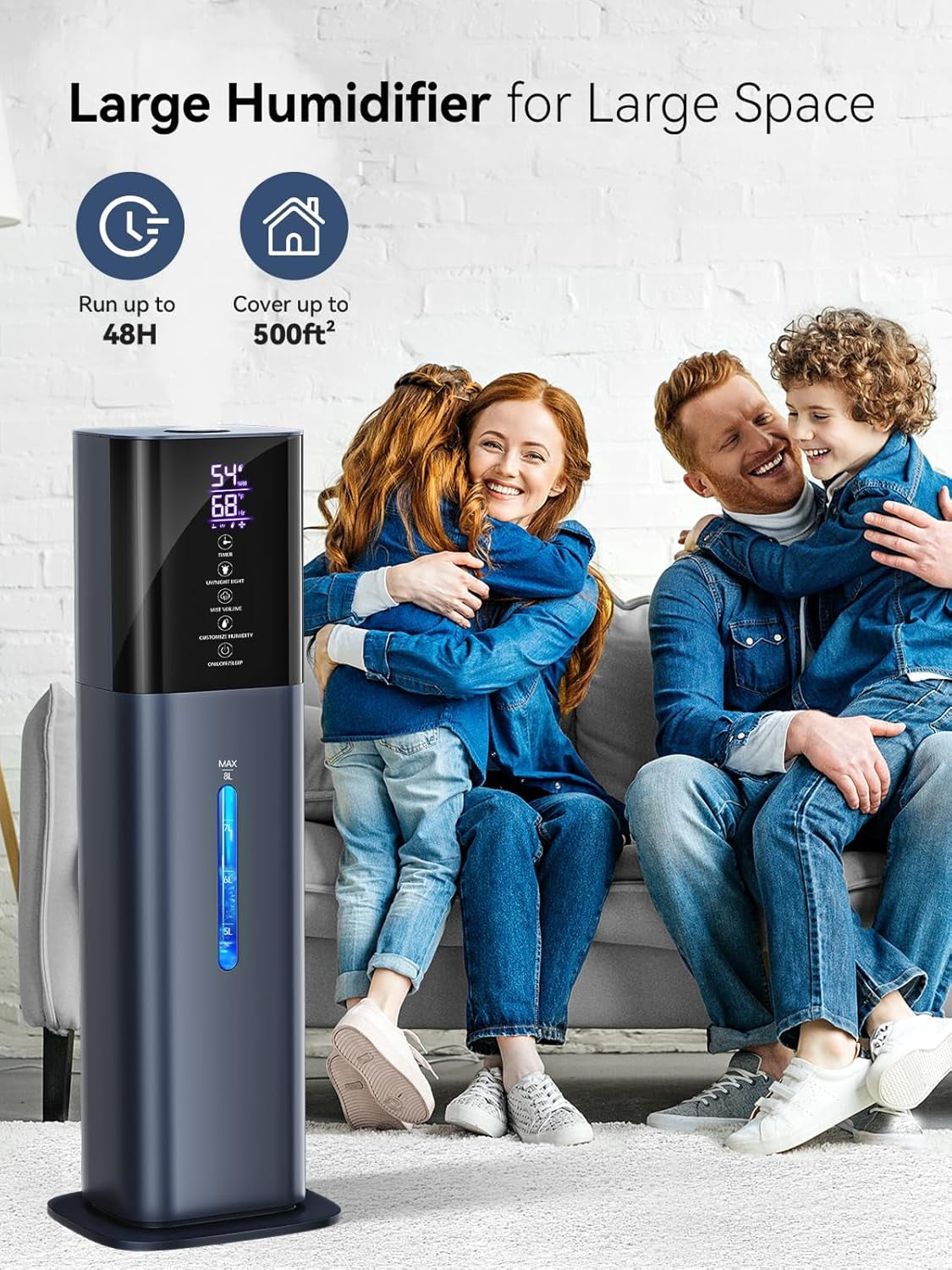 Humidifiers for Bedroom, 2.11Gal 8L Quiet Humidifiers for Large Room with Timer, 360°Nozzle, 3 Speed Ultrasonic Cool Mist Humidifier with Humidistat for Baby Home Adults Plants