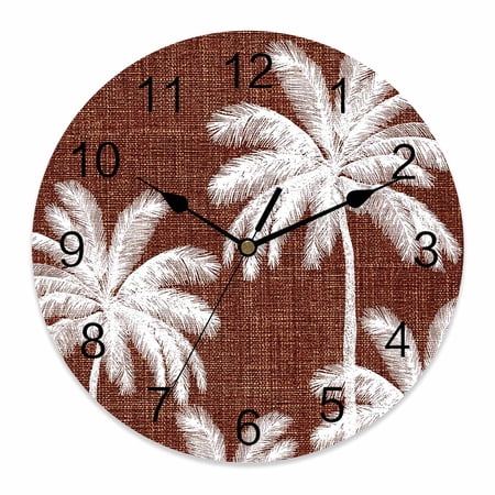 Wall Clock Tropical Palm Trees Clocks PVC Silent Non-Ticking Battery Operated Decorative Brown Linen Coastal Round Clock for Home Living Room Kitchen Bedroom Office School Wall Decor 10 Inch
