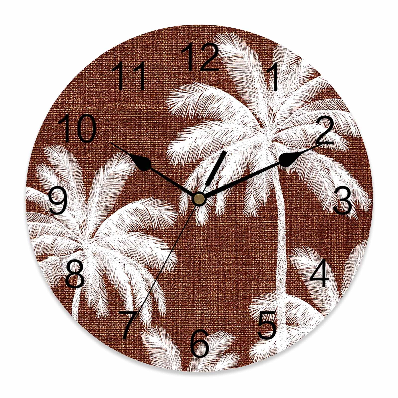 Wall Clock Tropical Palm Trees Clocks PVC Silent Non-Ticking Battery Operated Decorative Brown Linen Coastal Round Clock for Home Living Room Kitchen Bedroom Office School Wall Decor 10 Inch