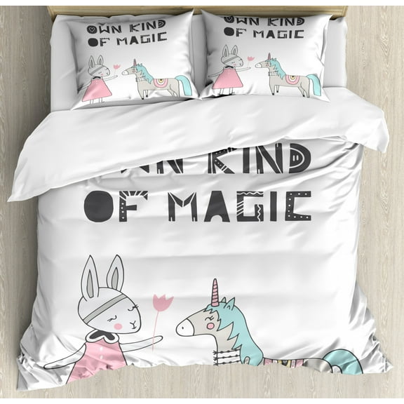 Nursery King Size Duvet Cover Set, Bunny in a Dress with Unicorn in Scandinavian Style and Motivational Magic Quote, Decorative 3 Piece Bedding Set with 2 Pillow Shams, Multicolor, by Ambesonne