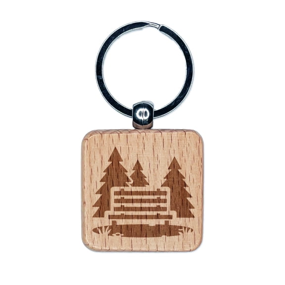 National Park Bench with Pine Trees and Grass Square Keychain Charm Tag - Engraved Wood