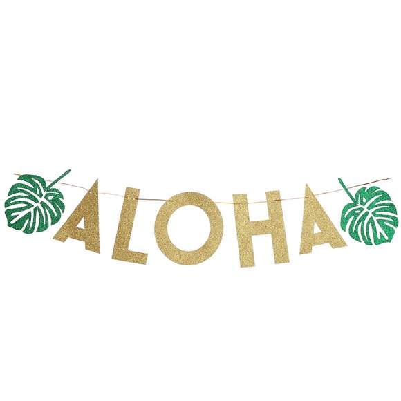 Bannière Guirlande ALOHA Pailletée Thème Tropical Hawaïen Fournitures de Fête Décoration (ALOHA et Feuilles)