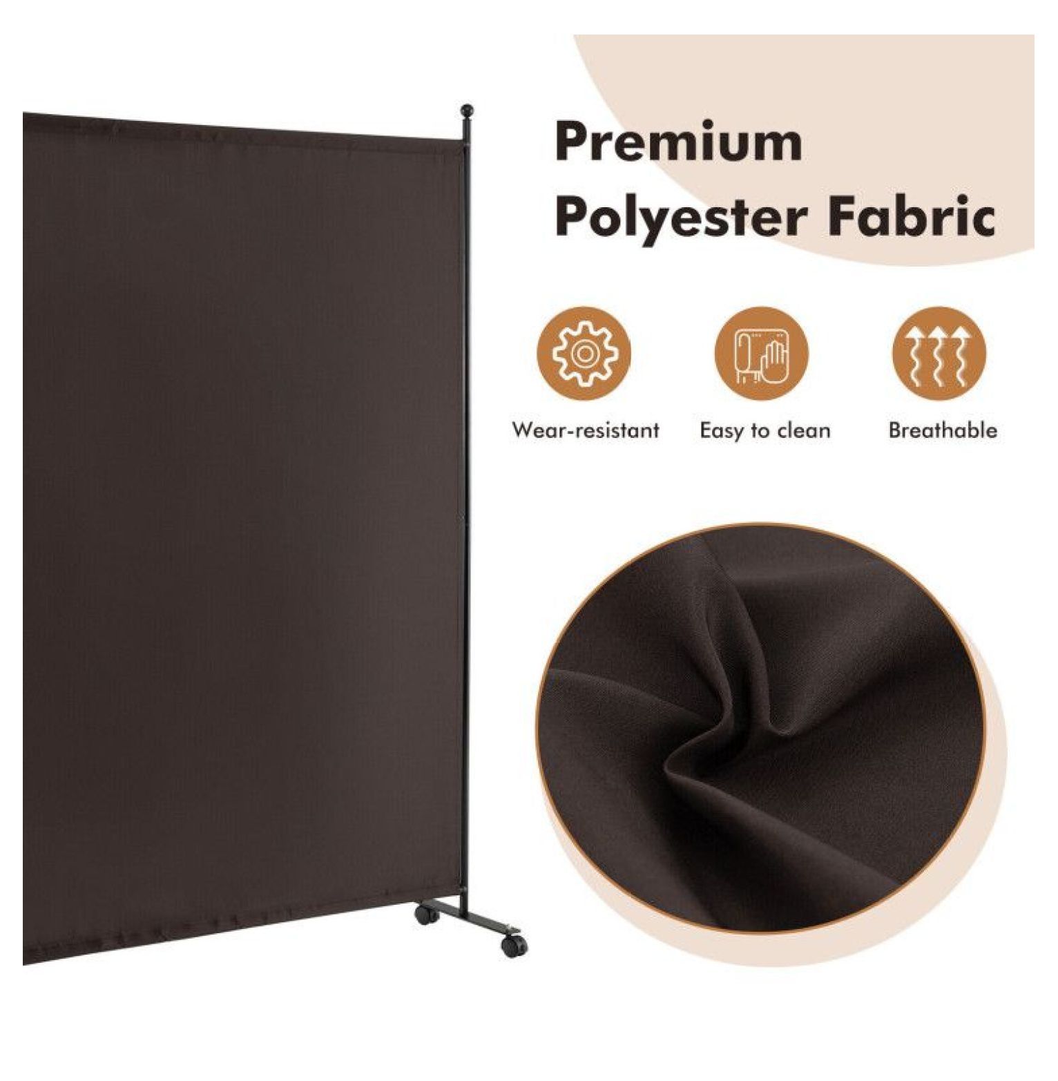 Yunken 6 Ft Single Panel Room Divider on Easy-Roll Casters, Freestanding Mobile Partition Screen for Any Room
