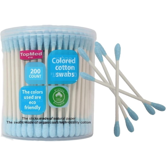 TOPMED PAPER COLOR COTTON BUDS IN A ROUND BOX 200 PCS LIGHT BLUE 100% Cotton Sticks
