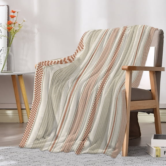 Flannel Fleece Throw Blanket Vintage Boho Striped Lightweight Soft Plush Blankets 40x50in, Retro Terracotta Beige Stripe Cozy Warm Throw Blanket for Couch Sofa Bed Car Office
