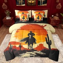 Castle Fairy Boys Girls Western Cowboys Bedding Comforter Set 7 Pieces,Southwestern Sunset Desert Cactus Full Bedding Set Lightweight,Exotic Style Vintage Aesthetic Fitted Sheet Flat Sheet