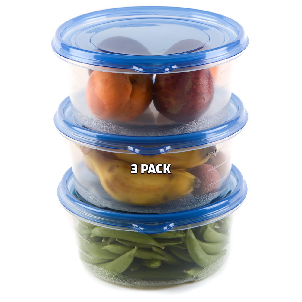 [3 PACK] 48oz Round Plastic Reusable Storage Containers with Snap On Lids Airtight Reusable