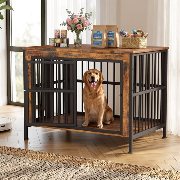 YOKWOK 88 Inch Dog Crate Furniture for Large Dogs, XXL Thick Wooden Dog Kennel with Removable Divider, Double Doors Design, Extra Large Heavy Duty Indoor Dog Cage, Brown