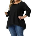 thumbnail image 4 of Unique Bargains Women's Plus Size Blouse Waffle Round Neck Lace Panel High Low Hem Tops 1X Black, 4 of 6
