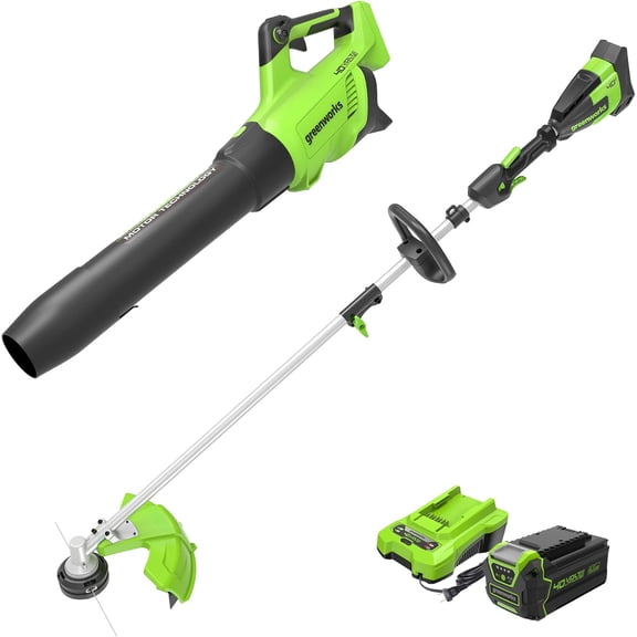 Greenworks 40V Brushless 16" Attachment Capable String Trimmer   Brushless 550 CFM/130 MPH Blower Combo Kit with a 4.0 Ah Battery and 2A Single Port Charger