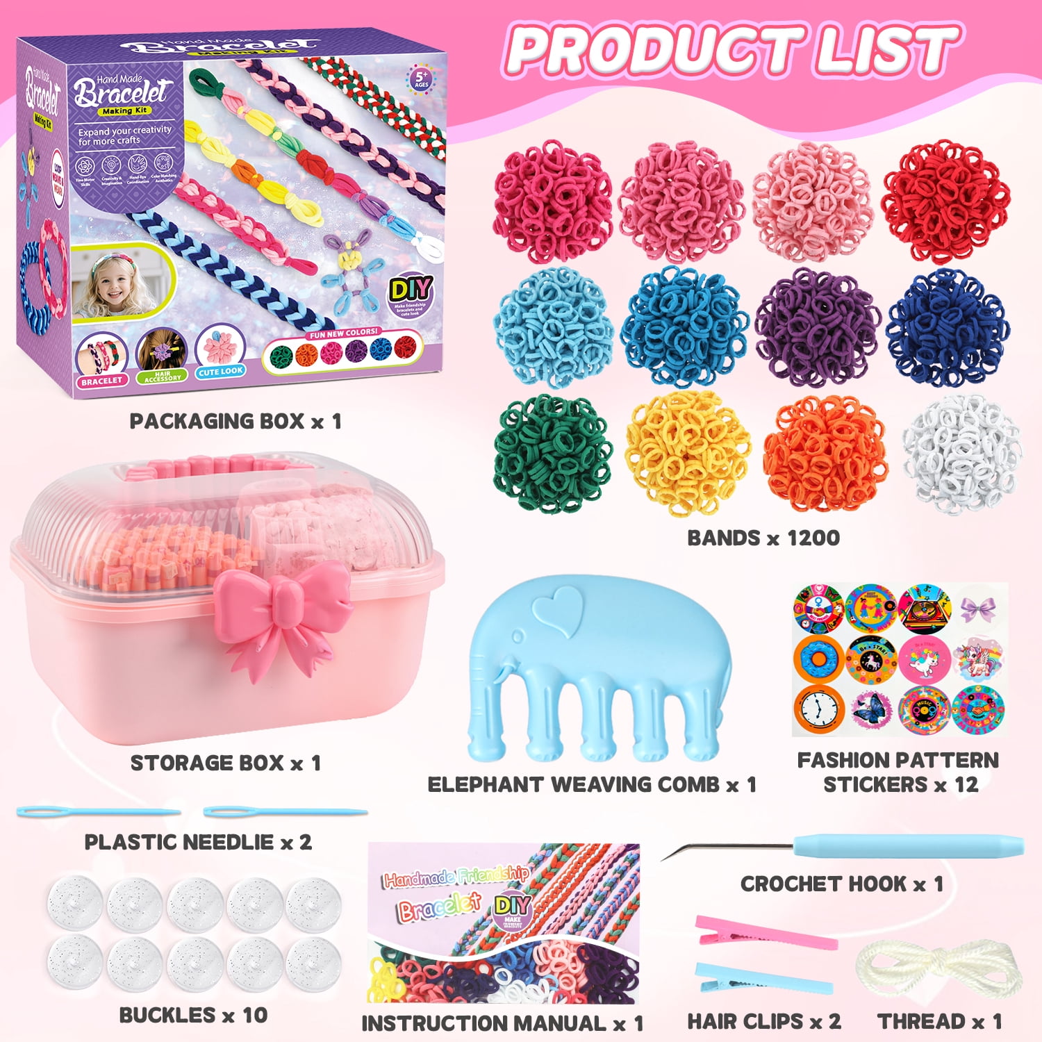 Carsky Bracelet Making Kit for Girls 6-12, 1200+ Colorful Rubber Bands DIY Loom Weaving Set with Storage Box, Crochet Hook, Stickers & Accessories, Creative Craft Toy Gift for Kids